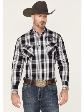 BOOT BARN BARELY WALKER JACK DANIEL'S PLAID PRINT LONG SLEEVE SNAP WESTERN SHIRT